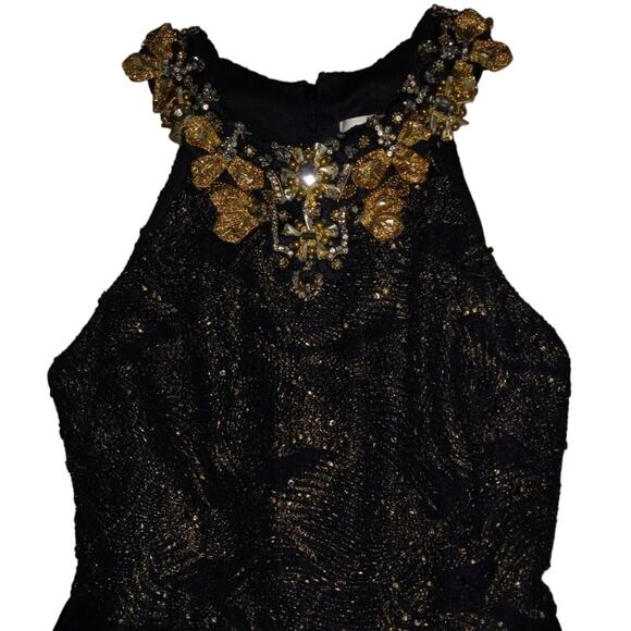 Badgley Mischka Gold Metal Embellished Neckline Black Ball Gown Size 4 - Picture 1 of 4